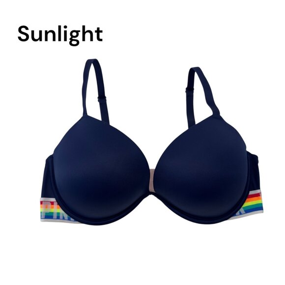 Victorias Secret Pink Push-Up Bra With Rainbow Band Navy Blue & Pink Size 36D - Picture 1 of 12